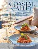 Book cover of 'Coastal Galley' with plates of pasta and wine glasses on a boat deck.
